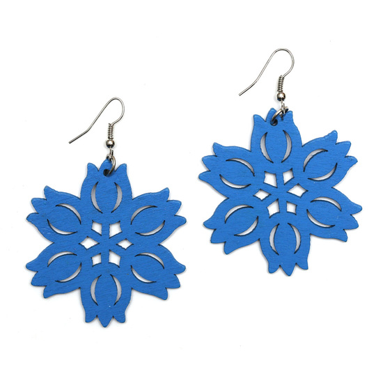Blue tulip flowers cut out design wooden dangle earrings