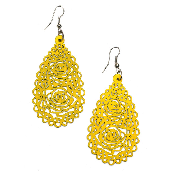 Yellow filigree flowers cut out design teardrop wooden dangle earrings