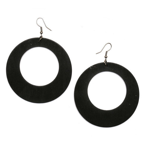 Black large round wooden hoop dangle earrings