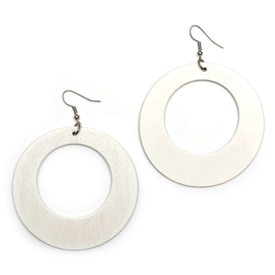 White large round wooden hoop dangle earrings