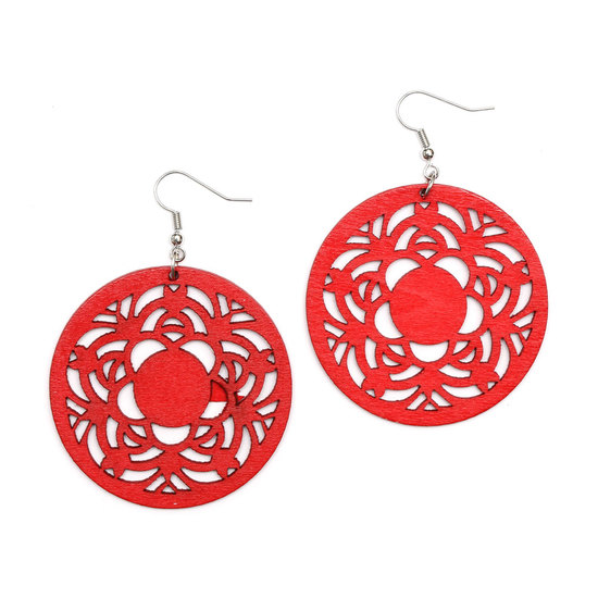 Red round wooden dangle earrings with filigree flower cut out design
