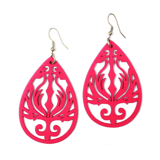 Hot pink artisan motif cut out design wood dangle earrings