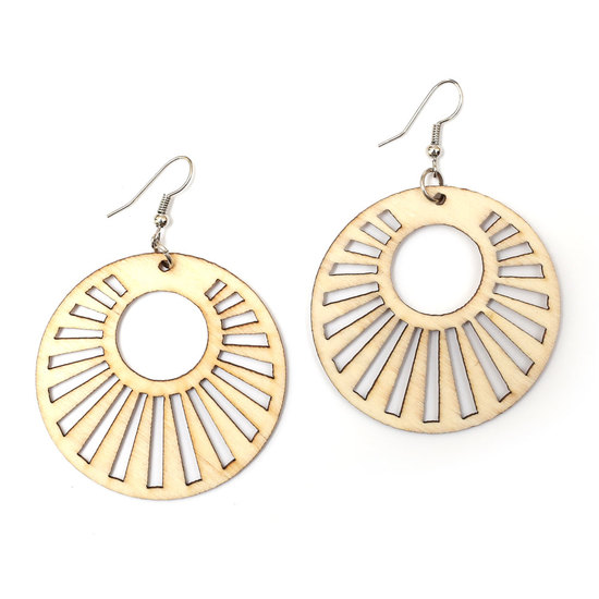 Natural brown sun rays motif cut out design wood dangle earrings