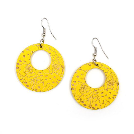 Yellow roses engraved wooden dangle earrings