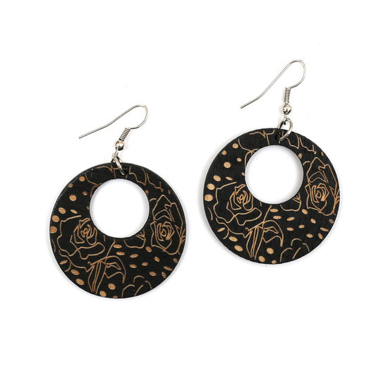 Black roses engraved wooden dangle earrings