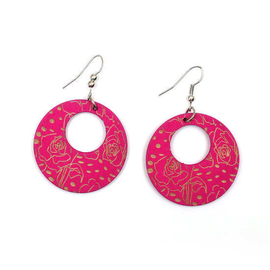 Hot pink roses engraved wooden dangle earrings