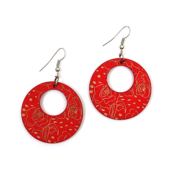 Red roses engraved wooden dangle earrings