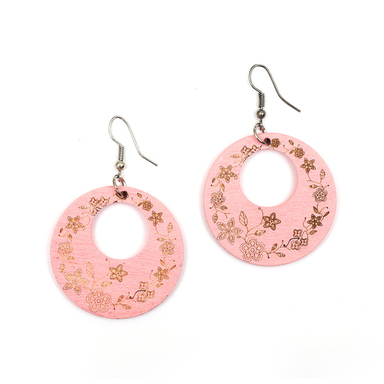 Light pink flower vine engraved wooden round dangle earrings