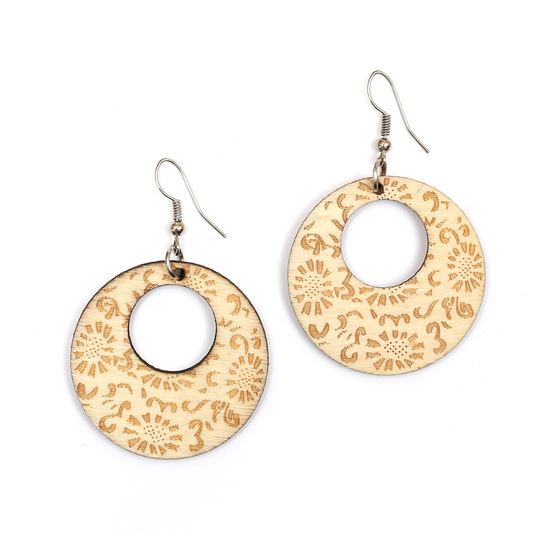 Natural brown sunflowers engraved wooden round dangle earrings