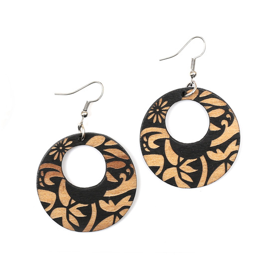 Black palm tree motif engraved wooden round dangle earrings