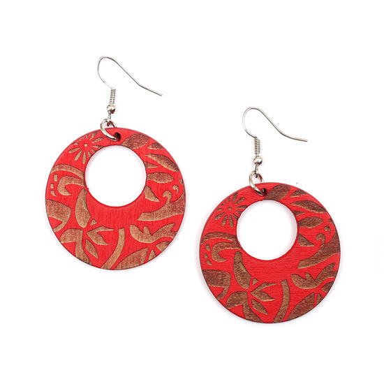 Red palm tree motif engraved wooden round dangle earrings