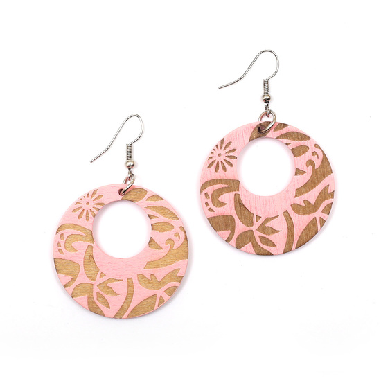 Light pink palm tree motif engraved wooden round dangle earrings