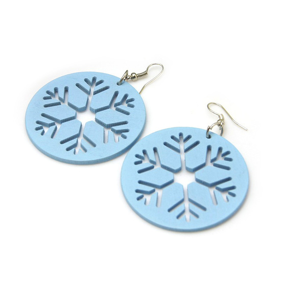Blue cut out design snowflake wooden drop earrings...