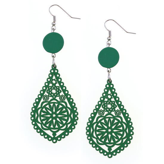 Green filigree teardrop artistic cut out design wooden dangle earrings
