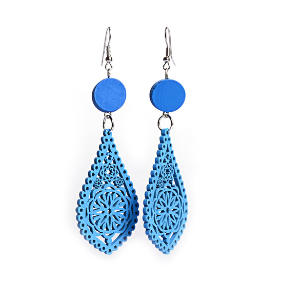 Blue filigree teardrop artistic cut out design wooden dangle earrings