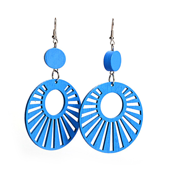 Blue sunbeams cut out design wooden hoop drop earrings