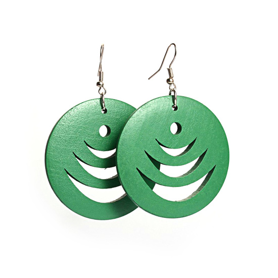 Green layered crescent cut out design wooden hoop drop earrings