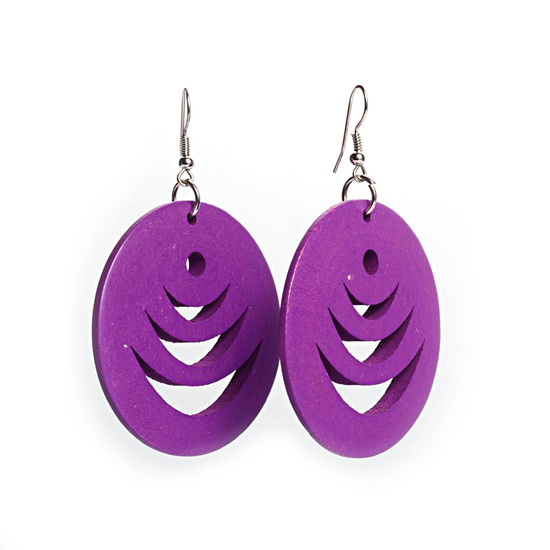 Violet layered crescent cut out design wooden hoop drop earrings