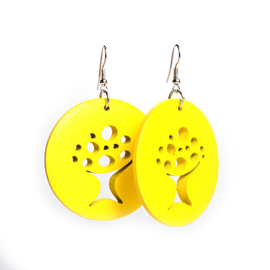 Yellow Tree of Life cut out design wooden hoop drop earrings