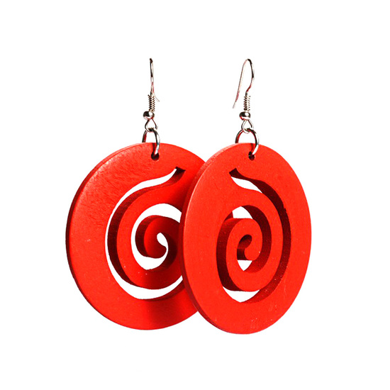 Red spiral cut out design wooden hoop drop earrings