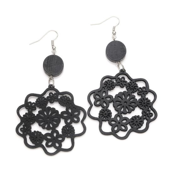 Black Filigree Flower Cut Out Design Wooden Drop Earrings