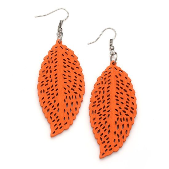 Orange Filigree Leaf Cut Out Design Wooden Drop...