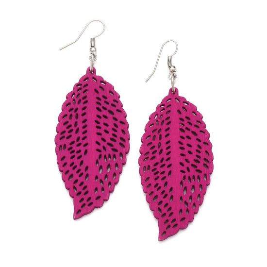 Deep Pink Filigree Leaf Cut Out Design Wooden Drop Earrings