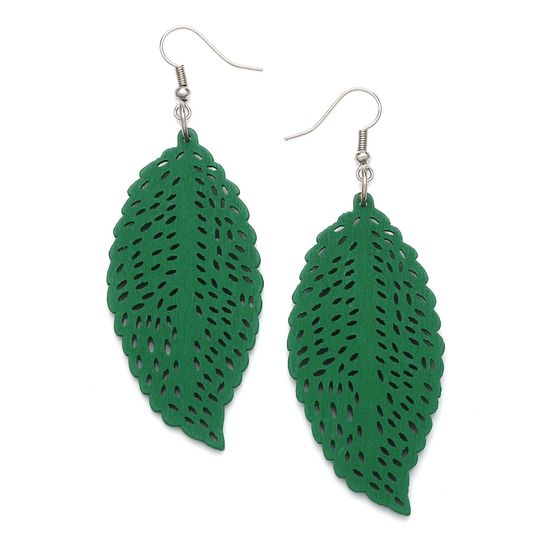 Green Filigree Leaf Cut Out Design Wooden Drop Earrings