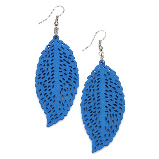 Blue Filigree Leaf Cut Out Design Wooden Drop...