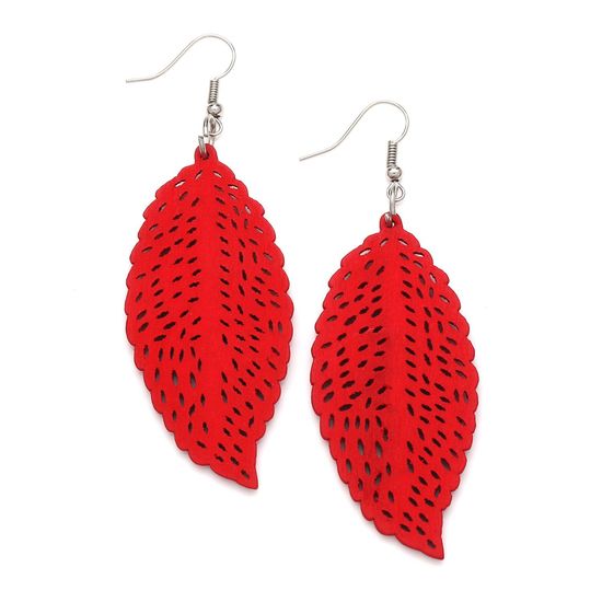 Red Filigree Leaf Cut Out Design Wooden Drop Earrings