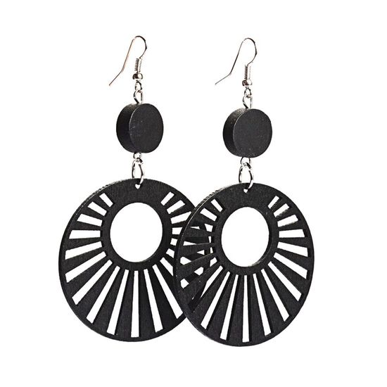 Black Sun Rays Cut Out Design Wooden Drop Earrings