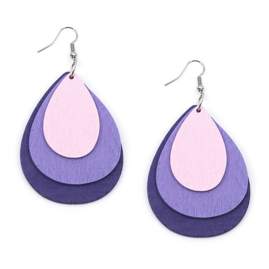 Purple Wooden Layered Teardrop Dangle Earrings