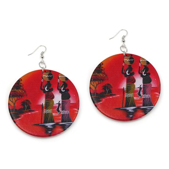 Large Red Ethnic Wooden Disc Drop Earrings, White...