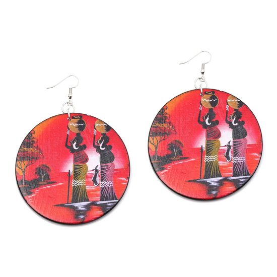 Large Red Ethnic Wooden Disc Drop Earrings, Black...