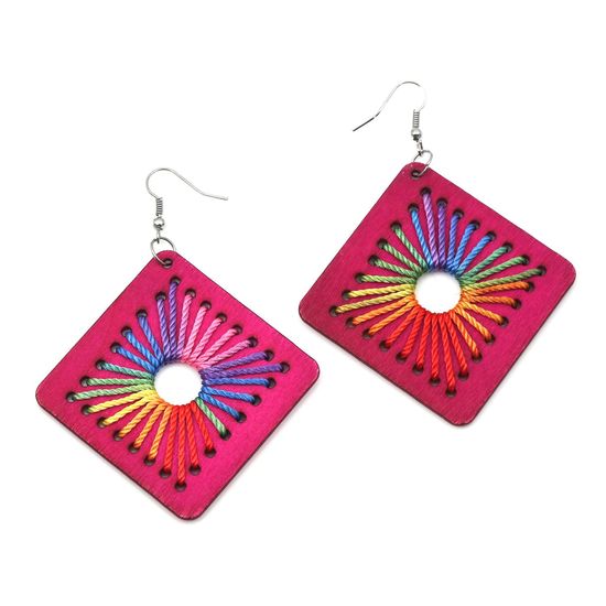 Fuchsia Wooden Diamond Shaped with Rainbow Thread...