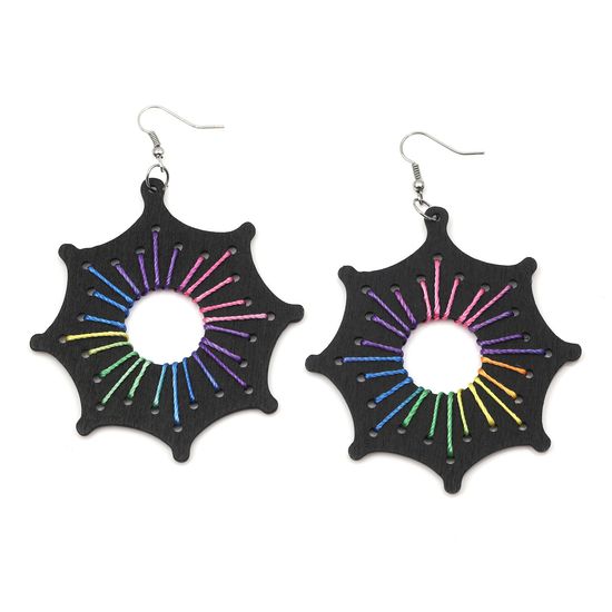 Black Wooden Spiderweb with Rainbow Thread Drop Earrings