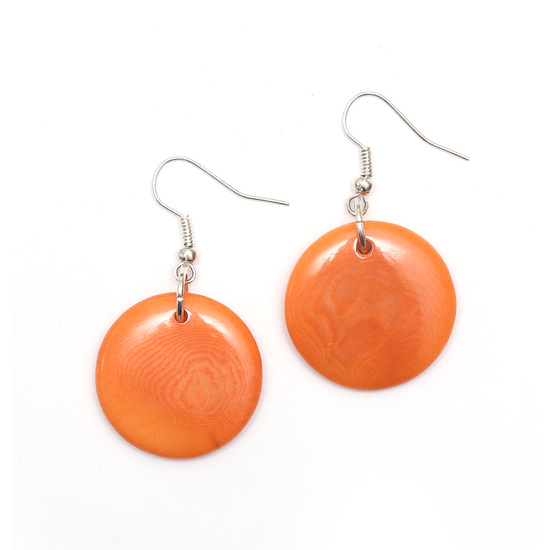 Orange Tagua Round Disc Drop Earrings