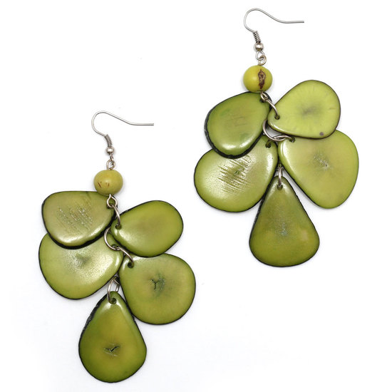 Handmade lettuce green Tagua chip with Acai seed drop earrings