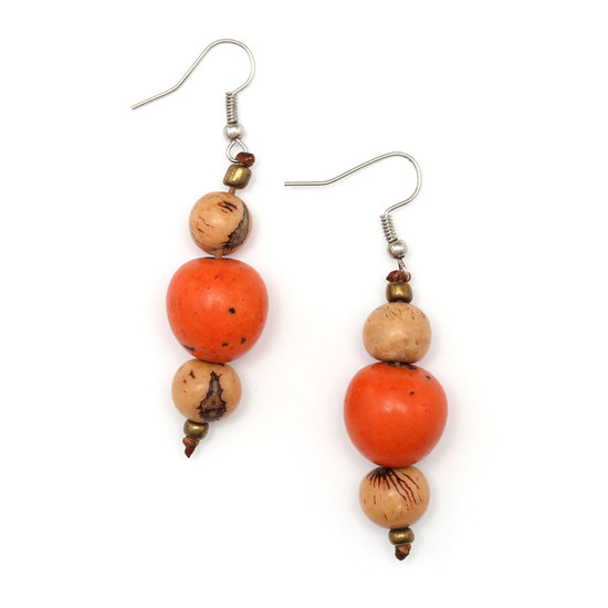 Handmade dark orange Tagua nut with natural brown colour Acai seed drop earrings
