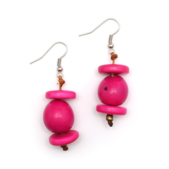 Handmade fuchsia Tagua nut and disc drop earrings