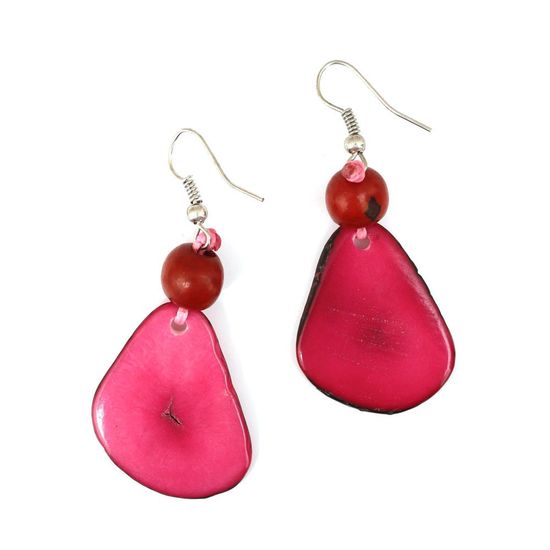 Fuchsia Tagua Slice with Acai Bead Drop Earrings