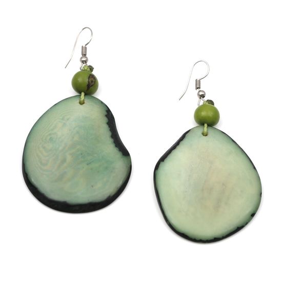 Light Green Tagua Slice and Acai Bead Drop Earrings