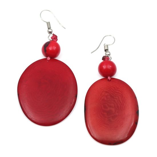 Red Tagua Slice and Acai Bead Drop Earrings