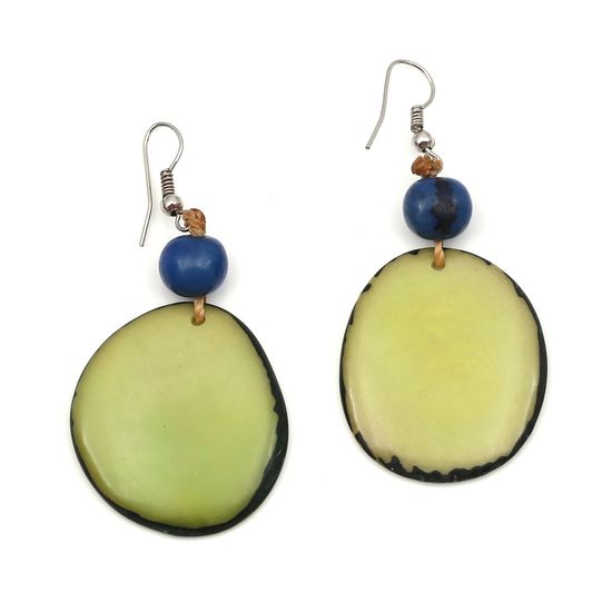 Lettuce Green Tagua Slice and Blue Acai Bead Drop Earrings