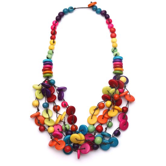 Handmade Multicoloured Tagua Disc and Acai Seed Cord Necklace
