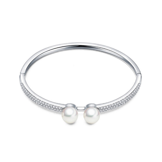 White Gold Plated Double Round White Simulated Pearl with Cubic Zirconia Crystal Pave Hinge Bangle Bracelet
