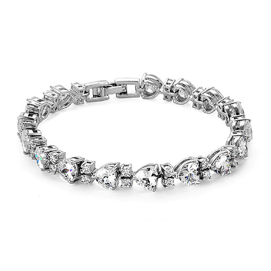 White Gold Plated Simulated Diamond CZ Heart with Double Solitaire Crystal Bridal Bracelet