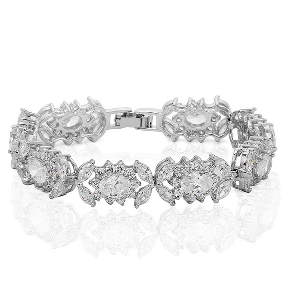 White Gold Plated Simulated Diamond Cubic Zirconia Queen Flower Bridal Bracelet