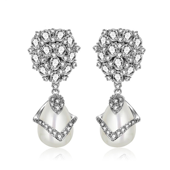 Elegant White Gold Plated Simulated Teardrop Pearl with Cubic Zirconia Drop Stud Earrings