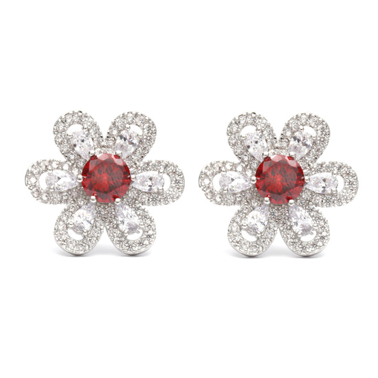 White Gold Plated Red and Clear Cubic Zirconia Crystal Pave Flower Stud Earrings